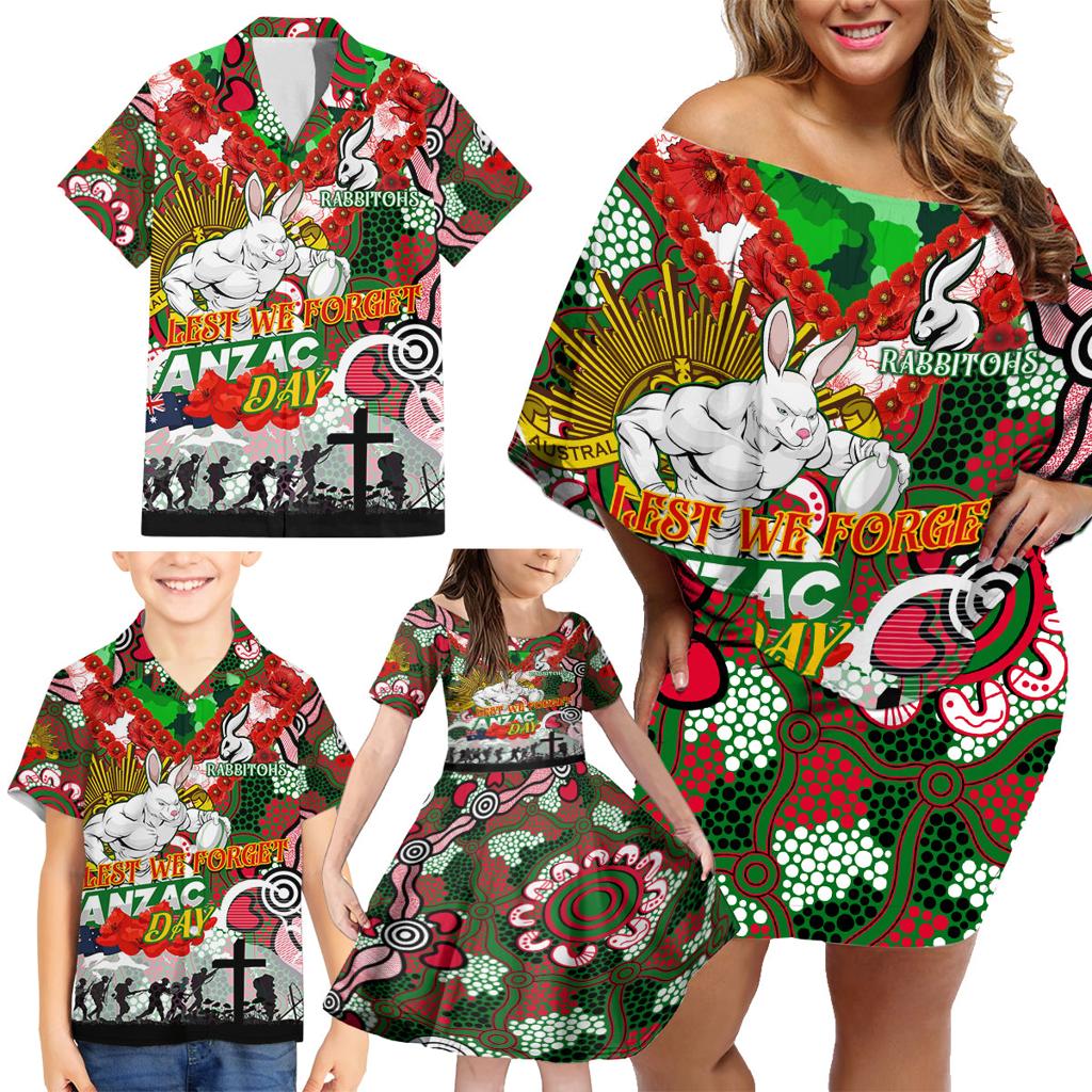 Personalised Rabbitohs ANZAC Day Family Matching Off Shoulder Short Dress and Hawaiian Shirt Aboriginal Rising Sun