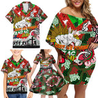 Personalised Rabbitohs ANZAC Day Family Matching Off Shoulder Short Dress and Hawaiian Shirt Aboriginal Rising Sun