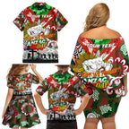 Personalised Rabbitohs ANZAC Day Family Matching Off Shoulder Short Dress and Hawaiian Shirt Aboriginal Rising Sun