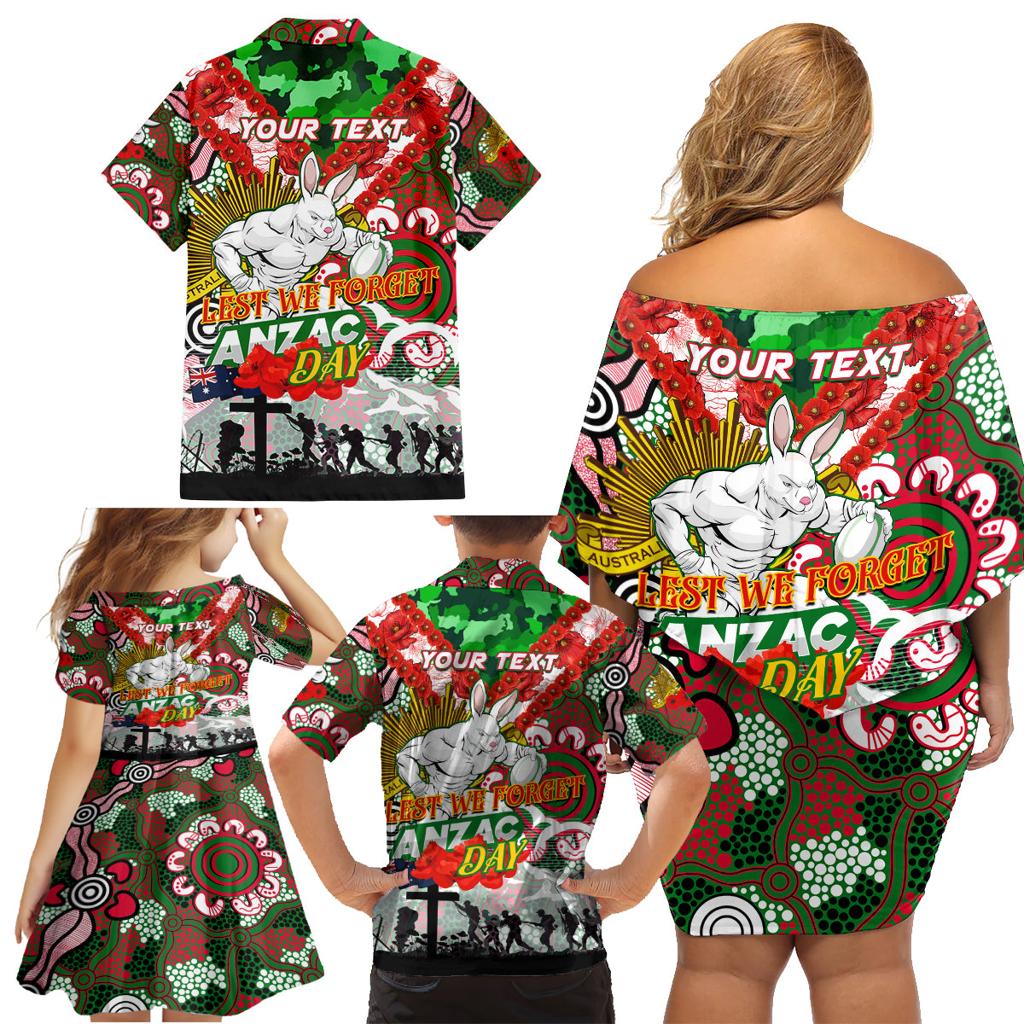 Personalised Rabbitohs ANZAC Day Family Matching Off Shoulder Short Dress and Hawaiian Shirt Aboriginal Rising Sun