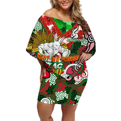 Personalised Rabbitohs ANZAC Day Family Matching Off Shoulder Short Dress and Hawaiian Shirt Aboriginal Rising Sun