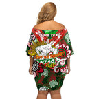 Personalised Rabbitohs ANZAC Day Family Matching Off Shoulder Short Dress and Hawaiian Shirt Aboriginal Rising Sun