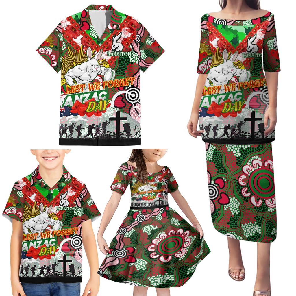 Personalised Rabbitohs ANZAC Day Family Matching Puletasi and Hawaiian Shirt Aboriginal Rising Sun