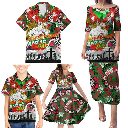 Personalised Rabbitohs ANZAC Day Family Matching Puletasi and Hawaiian Shirt Aboriginal Rising Sun