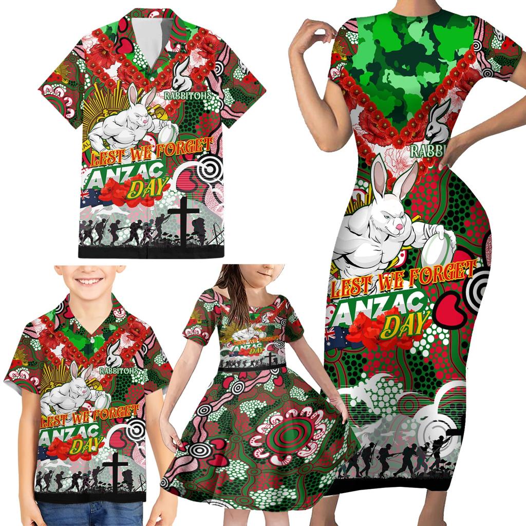 Personalised Rabbitohs ANZAC Day Family Matching Short Sleeve Bodycon Dress and Hawaiian Shirt Aboriginal Rising Sun