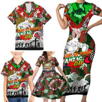 Personalised Rabbitohs ANZAC Day Family Matching Short Sleeve Bodycon Dress and Hawaiian Shirt Aboriginal Rising Sun