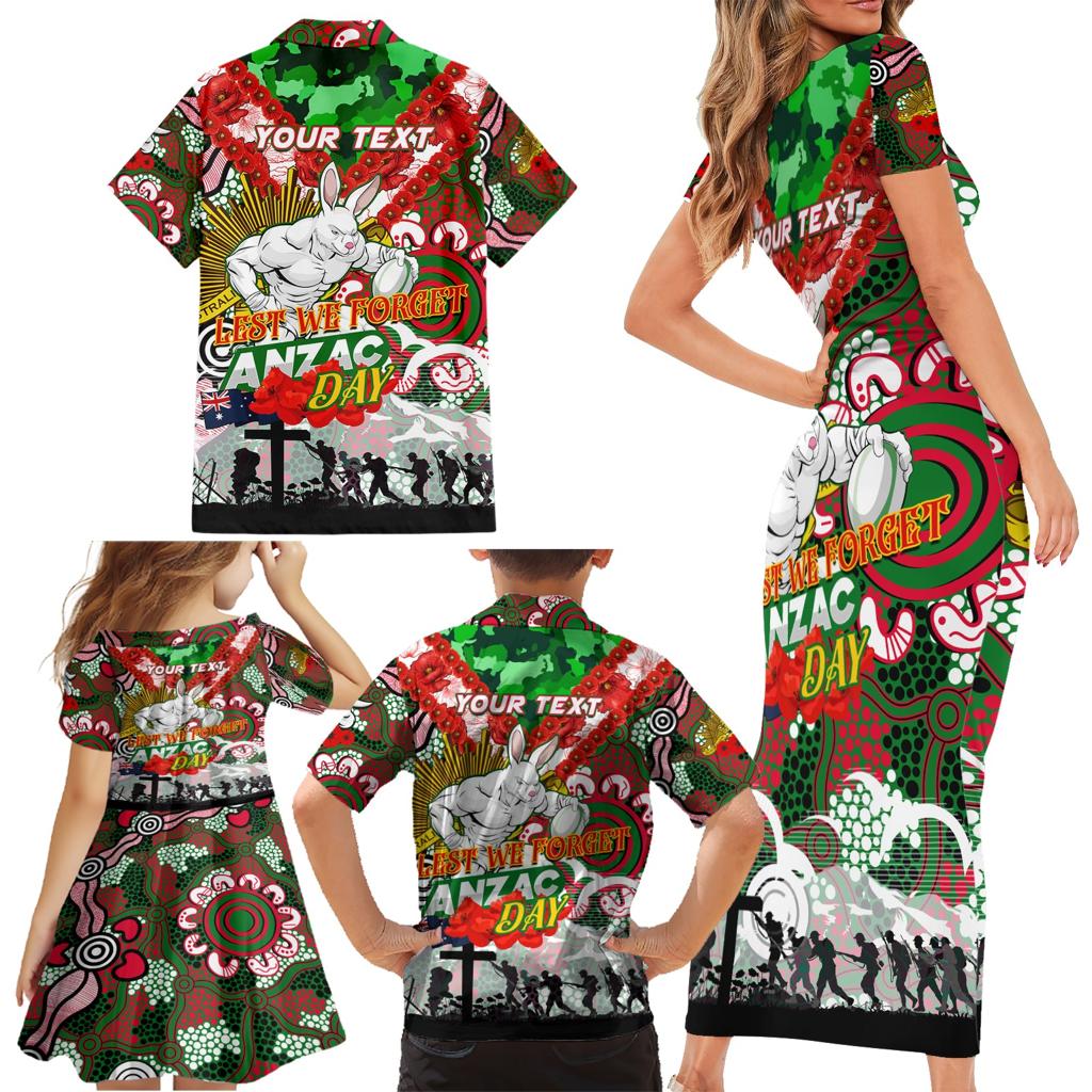 Personalised Rabbitohs ANZAC Day Family Matching Short Sleeve Bodycon Dress and Hawaiian Shirt Aboriginal Rising Sun