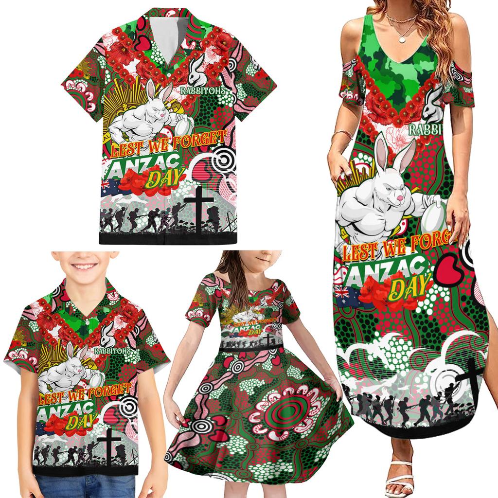 Personalised Rabbitohs ANZAC Day Family Matching Summer Maxi Dress and Hawaiian Shirt Aboriginal Rising Sun