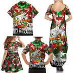 Personalised Rabbitohs ANZAC Day Family Matching Summer Maxi Dress and Hawaiian Shirt Aboriginal Rising Sun