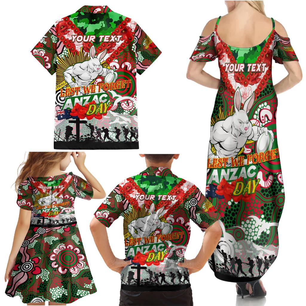 Personalised Rabbitohs ANZAC Day Family Matching Summer Maxi Dress and Hawaiian Shirt Aboriginal Rising Sun