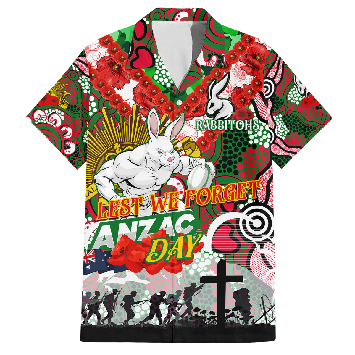 Personalised Rabbitohs ANZAC Day Hawaiian Shirt Aboriginal Rising Sun