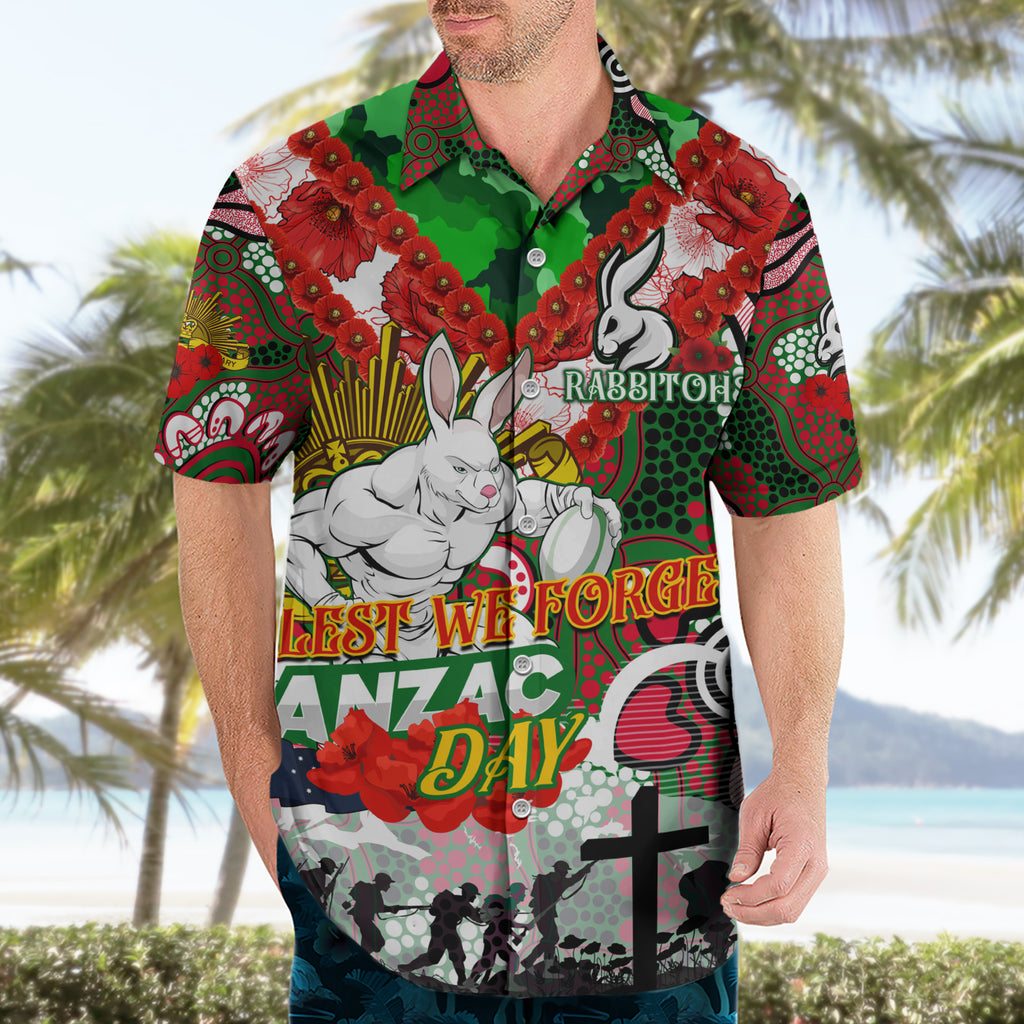 Personalised Rabbitohs ANZAC Day Hawaiian Shirt Aboriginal Rising Sun