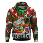 Personalised Rabbitohs ANZAC Day Hoodie Aboriginal Rising Sun