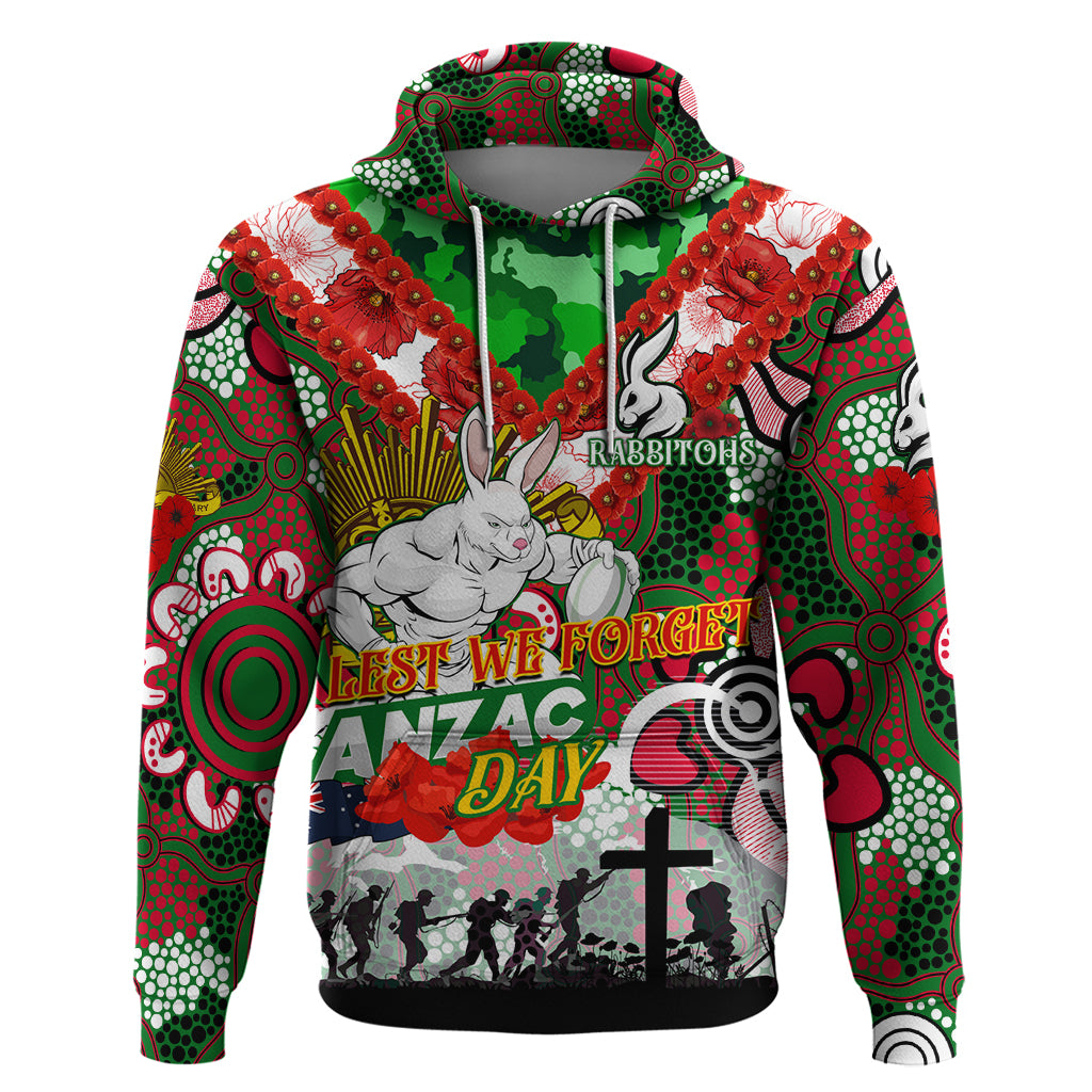 Personalised Rabbitohs ANZAC Day Hoodie Aboriginal Rising Sun