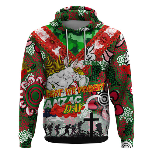 Personalised Rabbitohs ANZAC Day Hoodie Aboriginal Rising Sun