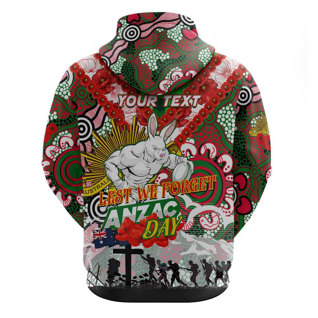 Personalised Rabbitohs ANZAC Day Hoodie Aboriginal Rising Sun