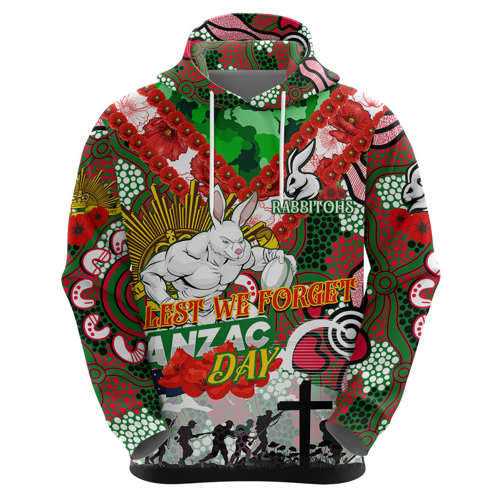 Personalised Rabbitohs ANZAC Day Hoodie Aboriginal Rising Sun