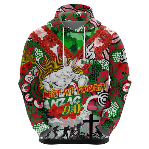 Personalised Rabbitohs ANZAC Day Hoodie Aboriginal Rising Sun
