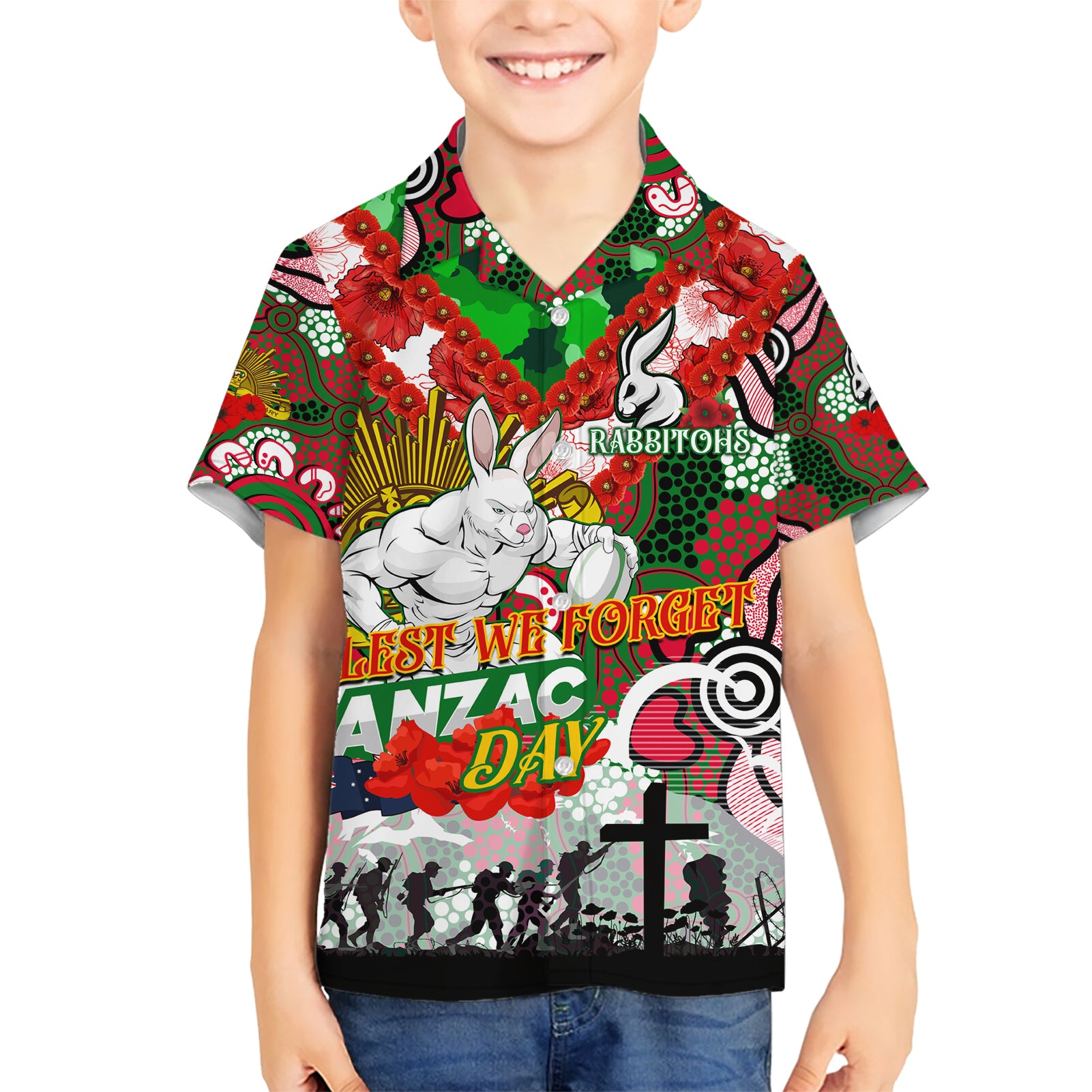 Personalised Rabbitohs ANZAC Day Kid Hawaiian Shirt Aboriginal Rising Sun