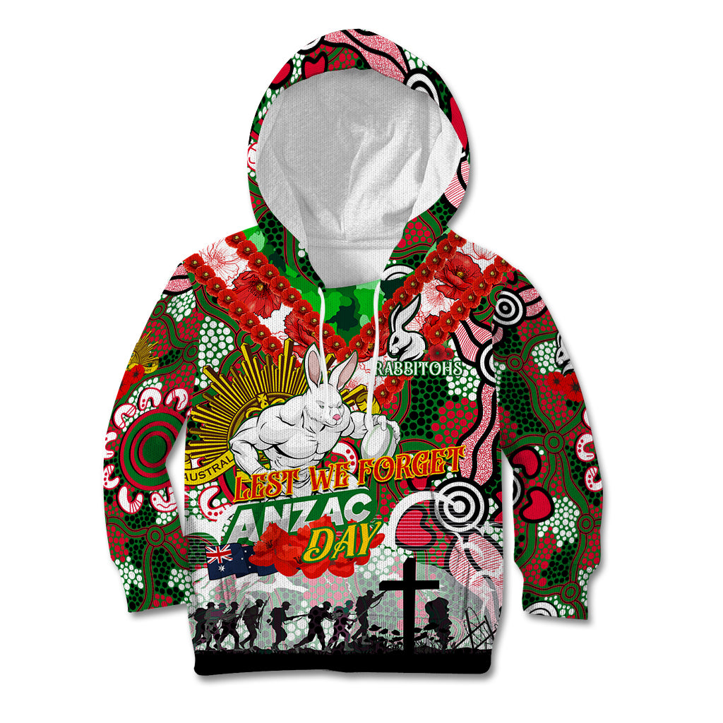 Personalised Rabbitohs ANZAC Day Kid Hoodie Aboriginal Rising Sun