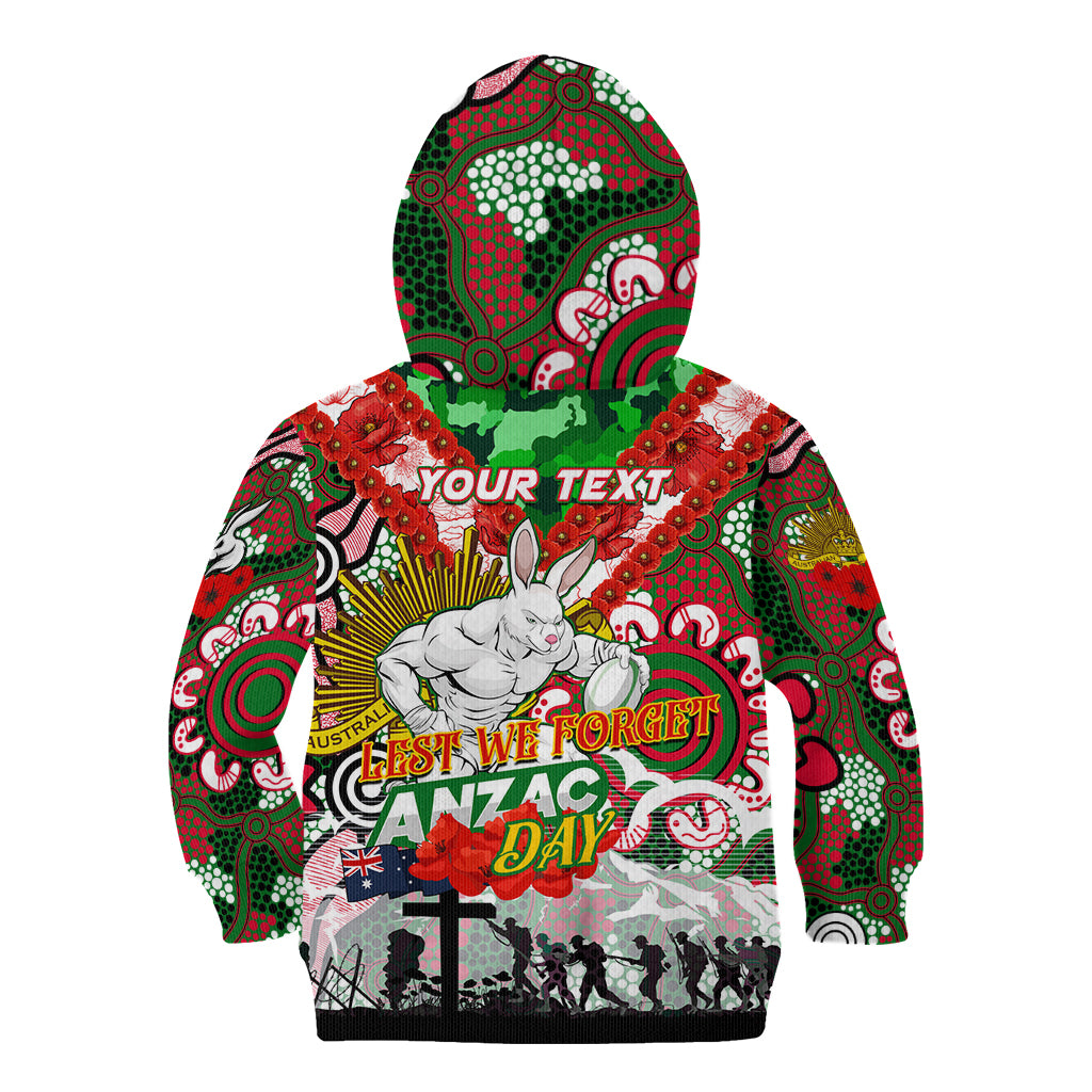 Personalised Rabbitohs ANZAC Day Kid Hoodie Aboriginal Rising Sun