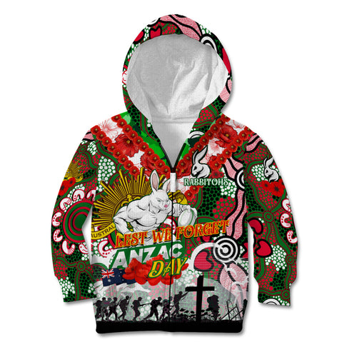 Personalised Rabbitohs ANZAC Day Kid Hoodie Aboriginal Rising Sun