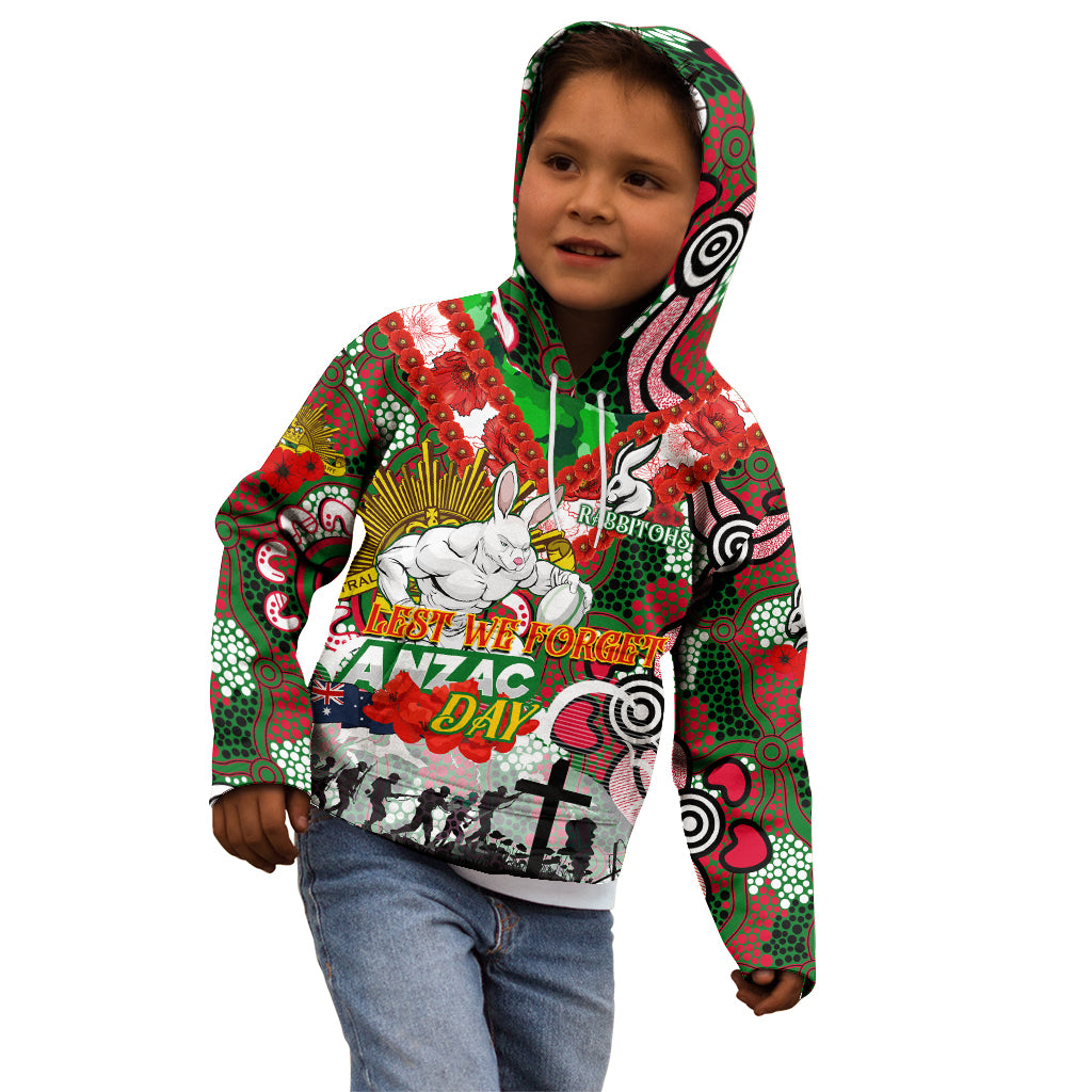 Personalised Rabbitohs ANZAC Day Kid Hoodie Aboriginal Rising Sun