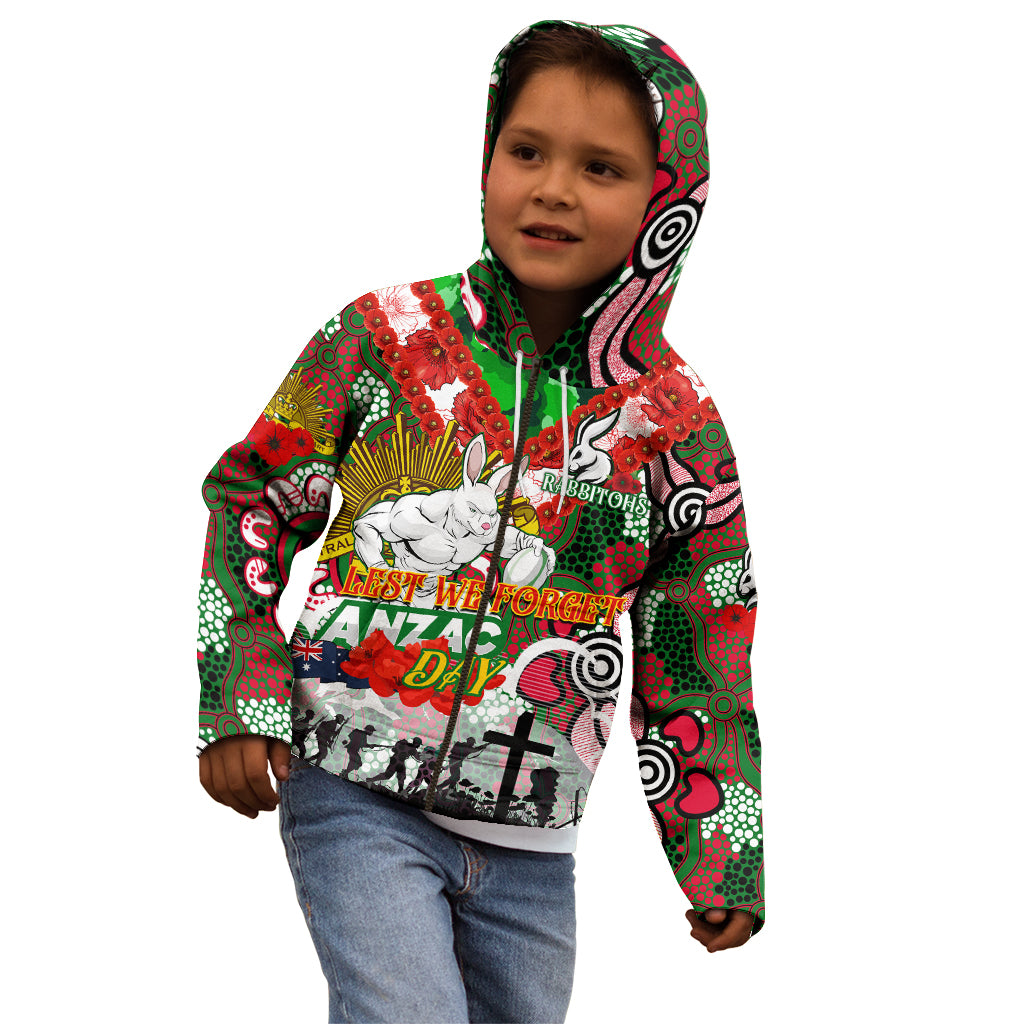 Personalised Rabbitohs ANZAC Day Kid Hoodie Aboriginal Rising Sun