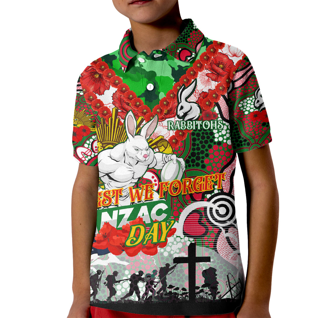 Personalised Rabbitohs ANZAC Day Kid Polo Shirt Aboriginal Rising Sun