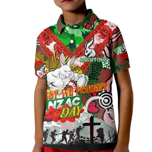Personalised Rabbitohs ANZAC Day Kid Polo Shirt Aboriginal Rising Sun