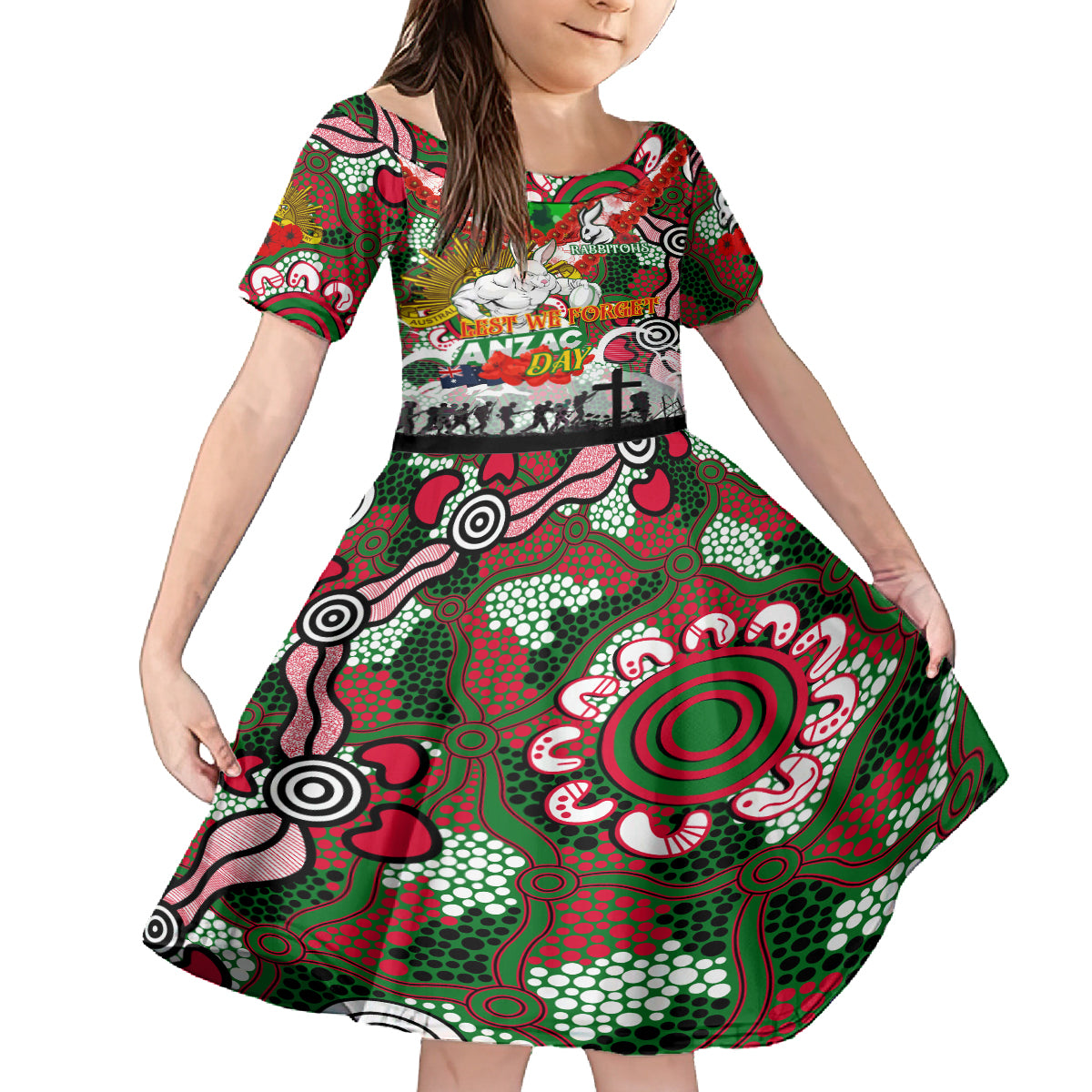 Personalised Rabbitohs ANZAC Day Kid Short Sleeve Dress Aboriginal Rising Sun