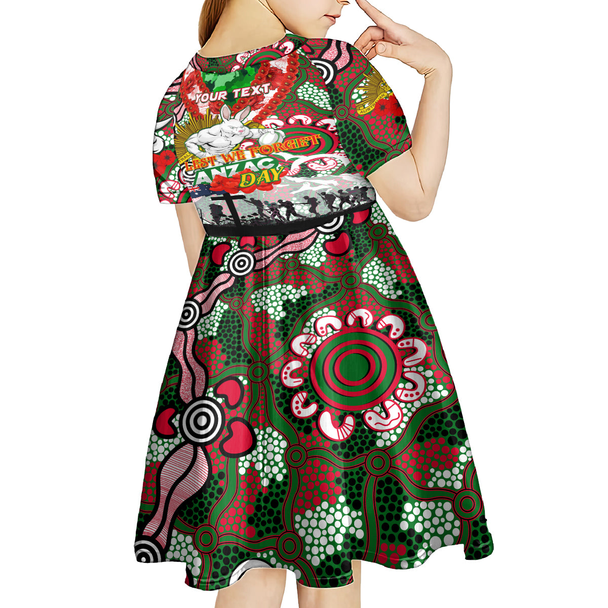 Personalised Rabbitohs ANZAC Day Kid Short Sleeve Dress Aboriginal Rising Sun