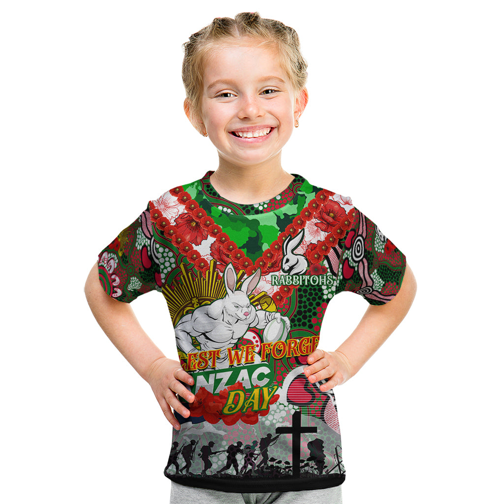 Personalised Rabbitohs ANZAC Day Kid T Shirt Aboriginal Rising Sun