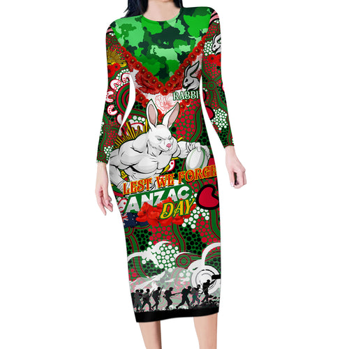 Personalised Rabbitohs ANZAC Day Long Sleeve Bodycon Dress Aboriginal Rising Sun