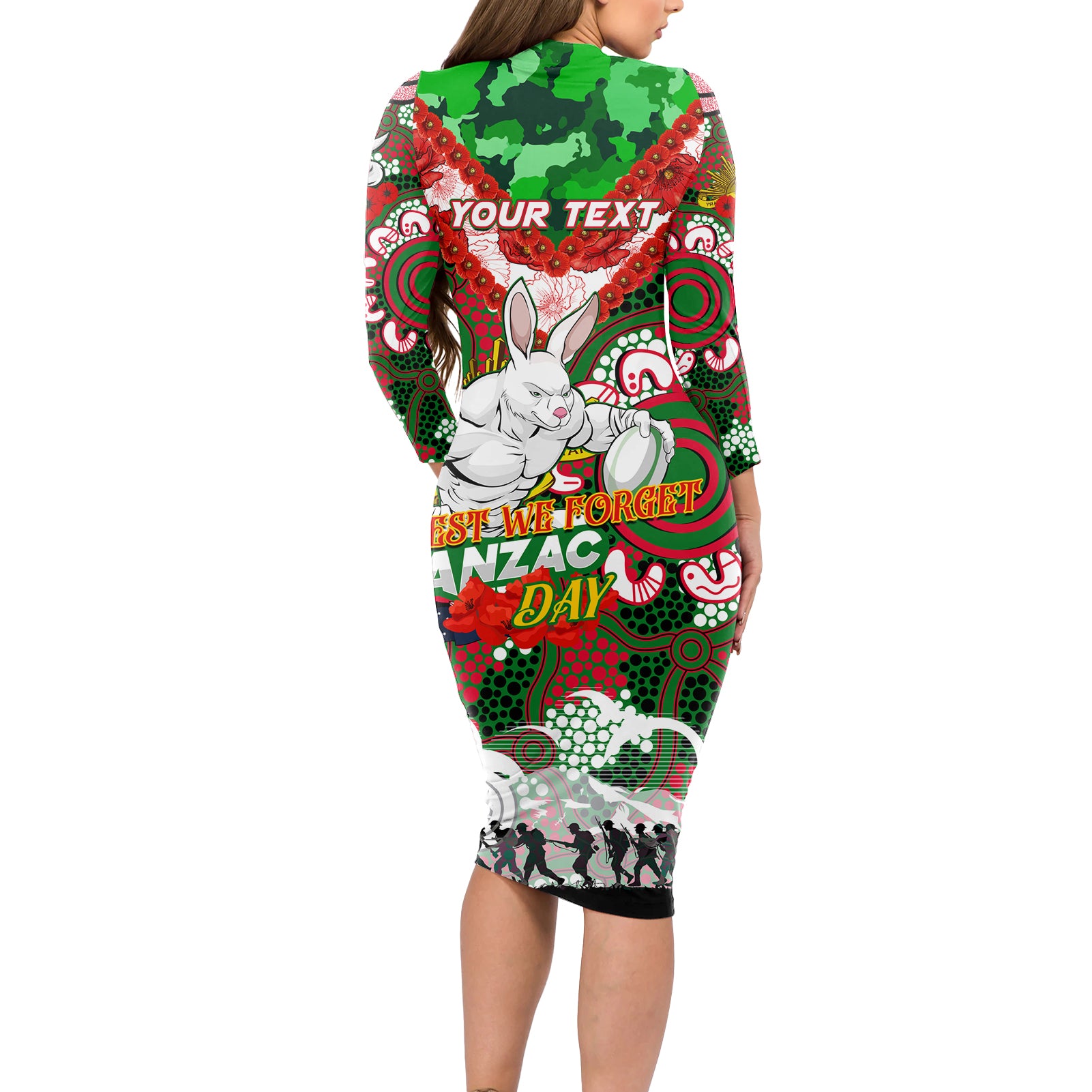 Personalised Rabbitohs ANZAC Day Long Sleeve Bodycon Dress Aboriginal Rising Sun