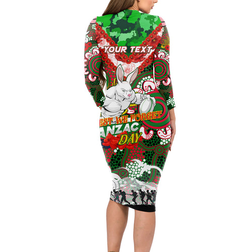 Personalised Rabbitohs ANZAC Day Long Sleeve Bodycon Dress Aboriginal Rising Sun