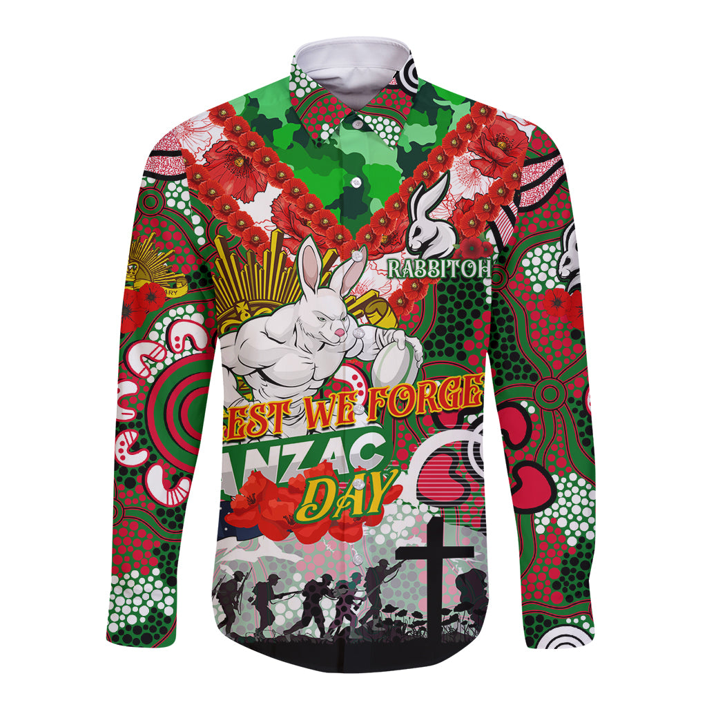 Personalised Rabbitohs ANZAC Day Long Sleeve Button Shirt Aboriginal Rising Sun