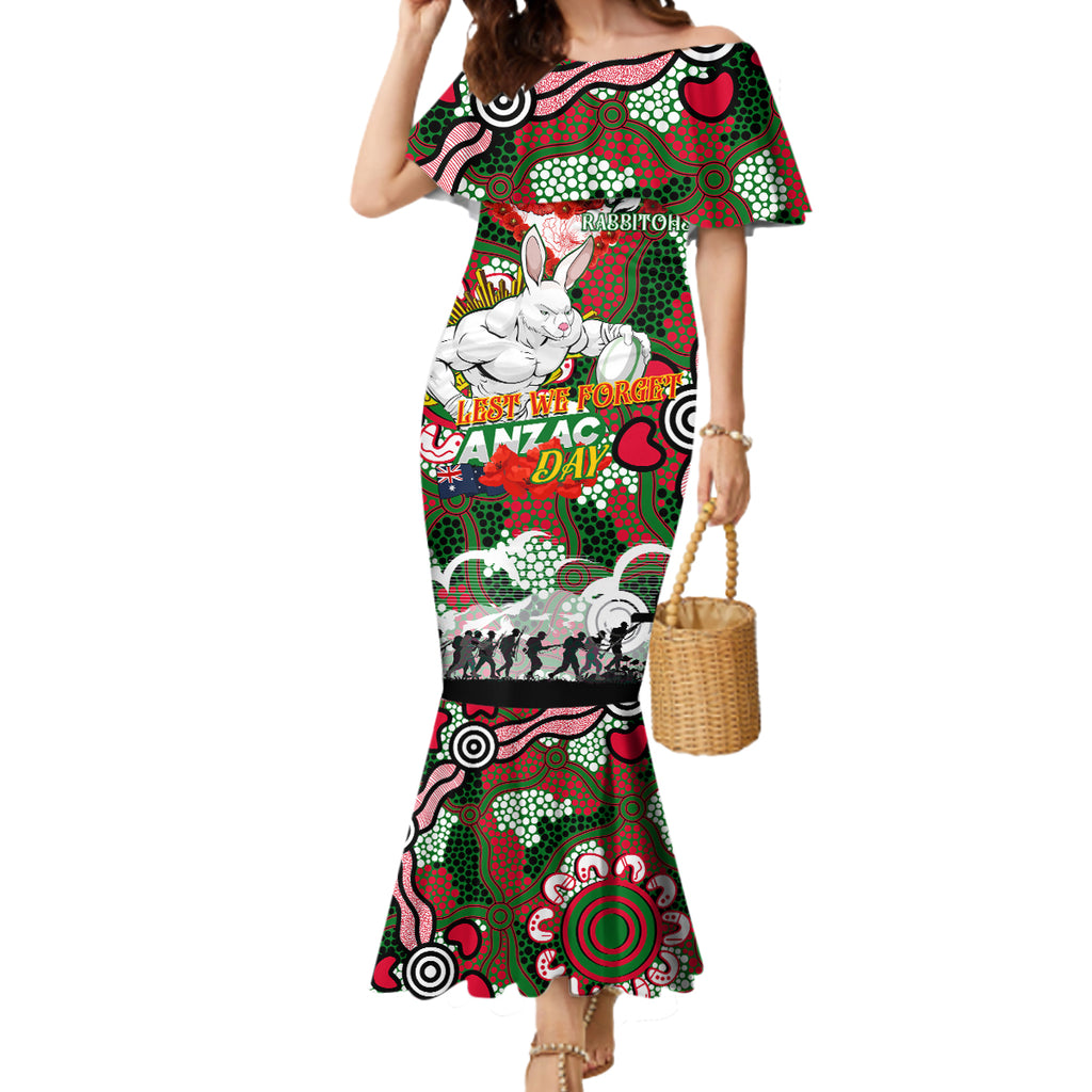Personalised Rabbitohs ANZAC Day Mermaid Dress Aboriginal Rising Sun