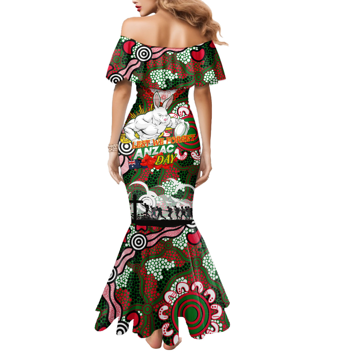 Personalised Rabbitohs ANZAC Day Mermaid Dress Aboriginal Rising Sun