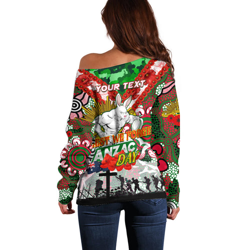 Personalised Rabbitohs ANZAC Day Off Shoulder Sweater Aboriginal Rising Sun