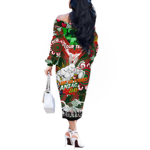 Personalised Rabbitohs ANZAC Day Off The Shoulder Long Sleeve Dress Aboriginal Rising Sun