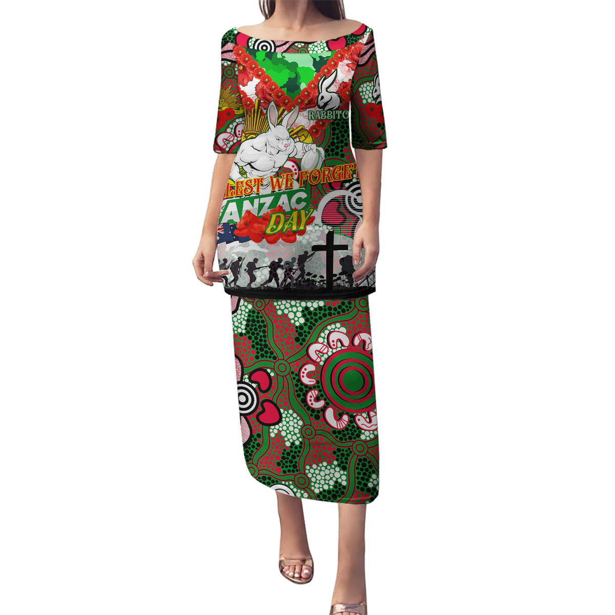 Personalised Rabbitohs ANZAC Day Puletasi Aboriginal Rising Sun