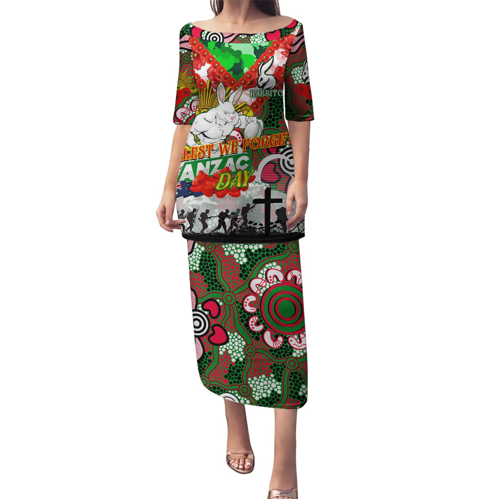 Personalised Rabbitohs ANZAC Day Puletasi Aboriginal Rising Sun