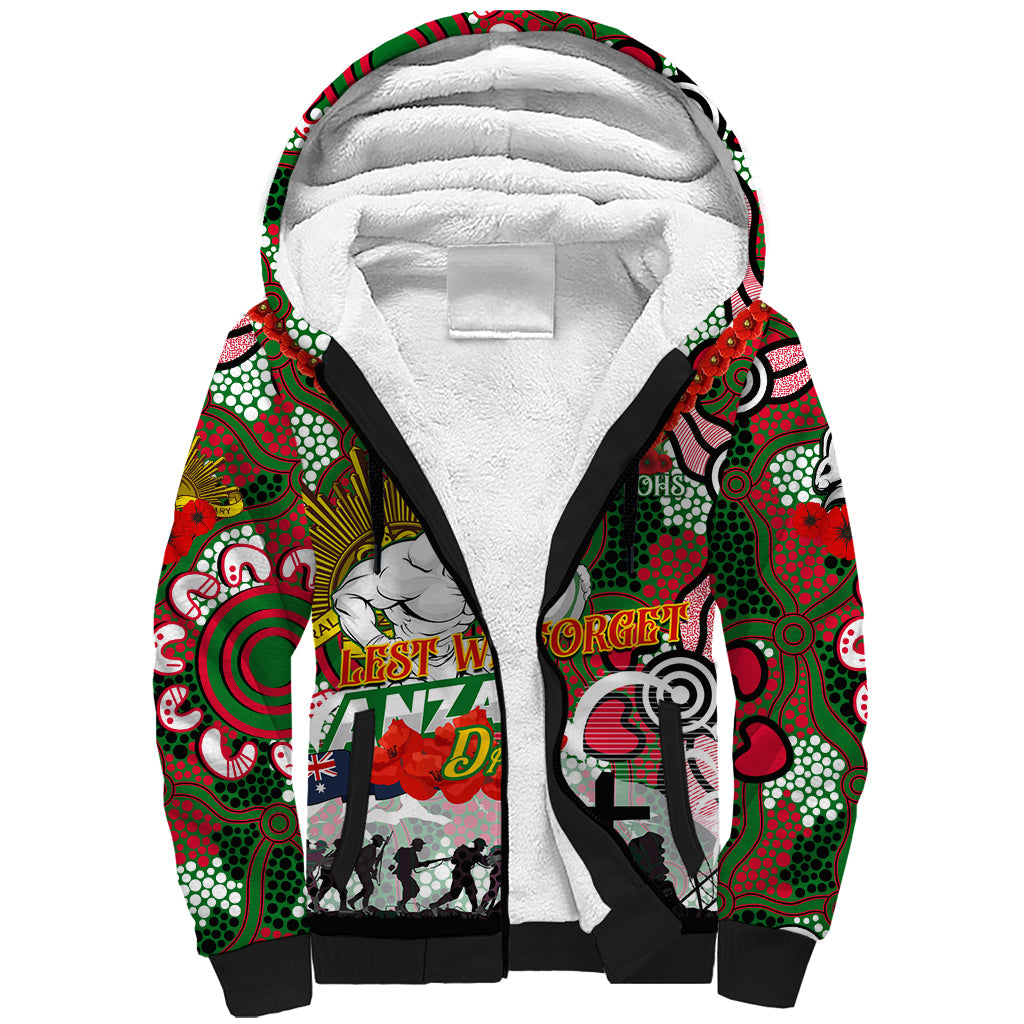 Personalised Rabbitohs ANZAC Day Sherpa Hoodie Aboriginal Rising Sun