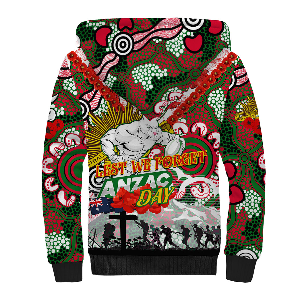 Personalised Rabbitohs ANZAC Day Sherpa Hoodie Aboriginal Rising Sun