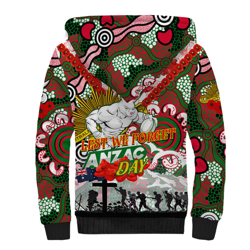 Personalised Rabbitohs ANZAC Day Sherpa Hoodie Aboriginal Rising Sun