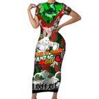 Personalised Rabbitohs ANZAC Day Short Sleeve Bodycon Dress Aboriginal Rising Sun