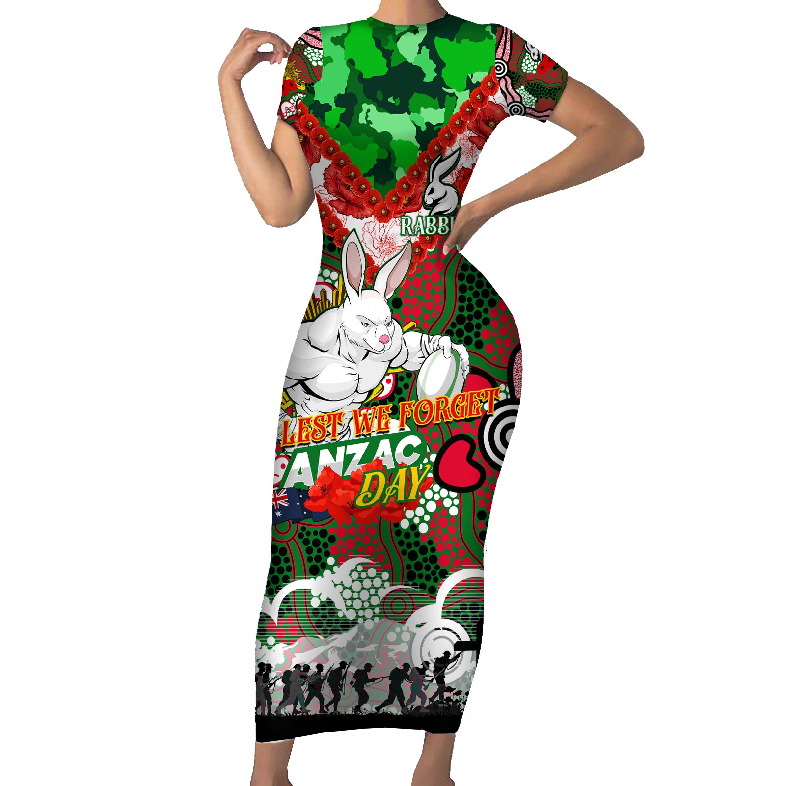 Personalised Rabbitohs ANZAC Day Short Sleeve Bodycon Dress Aboriginal Rising Sun