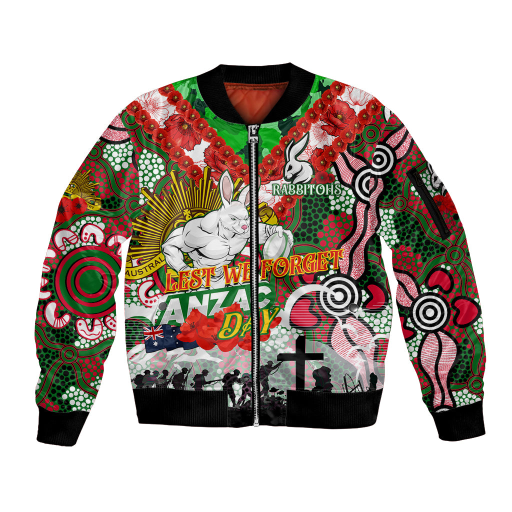 Personalised Rabbitohs ANZAC Day Sleeve Zip Bomber Jacket Aboriginal Rising Sun