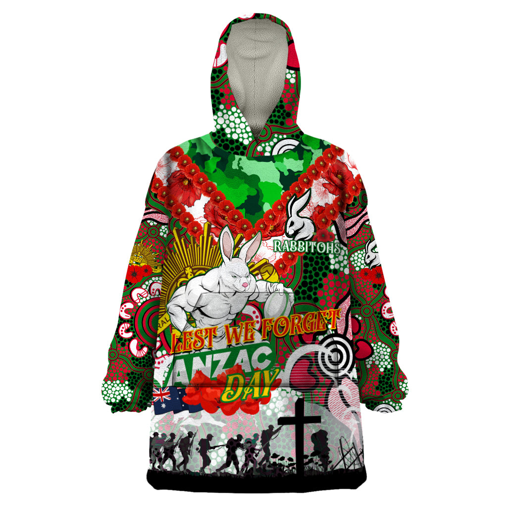 Personalised Rabbitohs ANZAC Day Wearable Blanket Hoodie Aboriginal Rising Sun